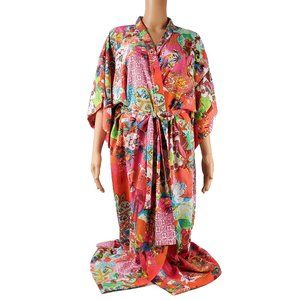 Natori Kimono Robe Pink MultiColor Asian Print L